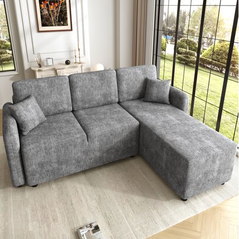 Divano angolare L 3 posti con chaise longue 144 cm, ciniglia grigia, schiuma alta densità, OKWISH (1/5)