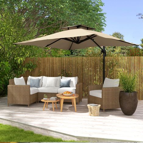 Parasol déporté carré 3 x 3 m. manivelle. base croisée. rotation 360°. polyester 250 g/m². double toit. 8 baleines. kaki