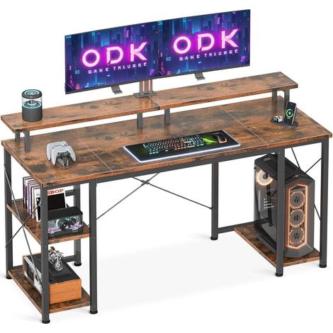 Bureau gamer avec étagère réversible et support écran 120x50cm marron vintage (1/5)