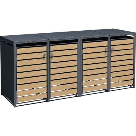 Mülltonnenbox Müllbox Mülltonnenverkleidung 4 Türen Box Anthrazit mit Holzdekor