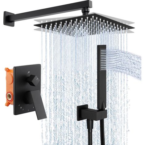 Recessed Shower System Black Recessed Shower Set with Shower Head 25 x 25 cm Shower Mixer Shower Body Kit 3 Water Outlet Modes (1/5)