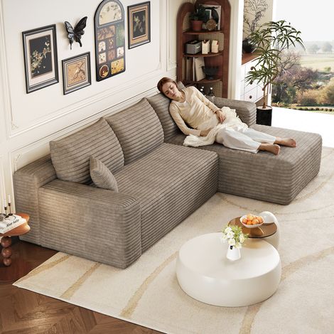 Canapé Convertible 3 places en velours côtelé camel, Canapé d'Angle ouverture express avec module modulaire, assise profonde, design minimaliste, montage non requis, sans armature (1/5)