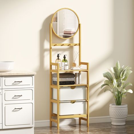 Étagère de salle de bain en bambou avec miroir, 4 crochets, 2 étagères ouvertes et 2 tiroirs en tissu, 48,5 x 30 x 170 cm, naturel (1/5)