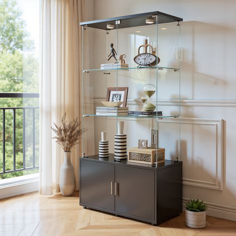 Vitrine en Verre avec Éclairage tactile, Meuble Vitrines avec 2 Porte 3 étagères Verre et un meuble inférieur, Armoire vitrine, pour chambre, salon et salle à manger, 78 x 35 x 164 cm, Noir (1/5)