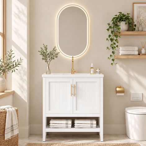 Meuble salle de bain sur pied 80 cm avec vasque céramique, meuble sous vasque blanc MDF, 2 portes, étagères, sans robinet (1/5)
