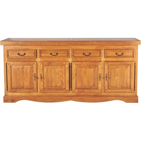 Hellin – Bahut en chêne massif 4 portes 4 tiroirs – Dimensions L 240 x P 54 x H 110 cm – Assemblage traditionnel – Finition patinée chêne moyen (1/5)