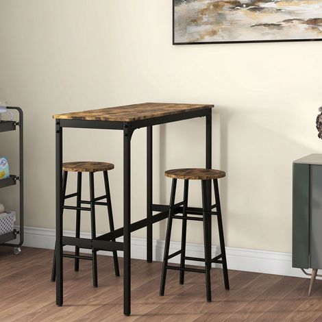 Ensemble table haute de bar + 2 tabourets structure en acier plateau aspect effet bois d'acajou 2 personnes noir (1/5)
