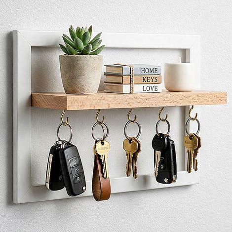 Plaque à clés avec étagère - Organiseur mural avec 5 crochets et étagère en bois - Design moderne avec cadre blanc - Porte-clés pour couloir, cuisine ou bureau (blanc) (1/5)