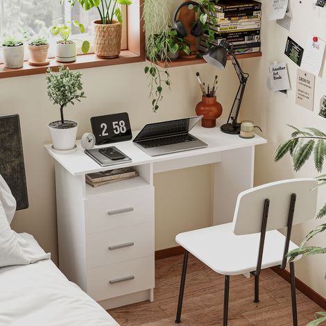Bureau design blanc et bois naturel, 100x40x75 cm, 3 tiroirs coulissants + étagère de rangement ouverte (1/5)