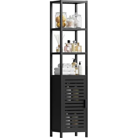 Meuble Colonne Salle de Bain, Armoire Bambou Salle de Bain Haute avec Étagères Amovible et Compartiments Ouverts, pour Les Petits Espaces, Noir (1/5)