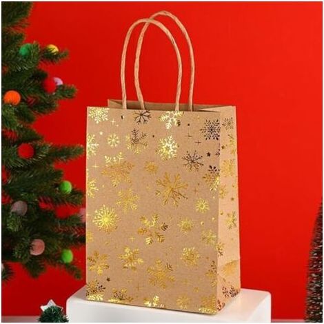 12-Piece Christmas Kraft Paper Gift Bags with Handles, Gold Hot Stamped Snowflake Design for Holiday New Year Party Wrapping (1/4)