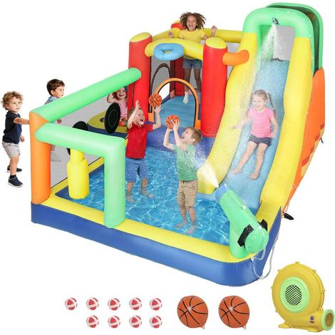 Château aquatique 9 en 1 avec souffleur 550W, toboggan, trampoline, mur d'escalade, 2 piscines, basket et boxe, parc enfant complet