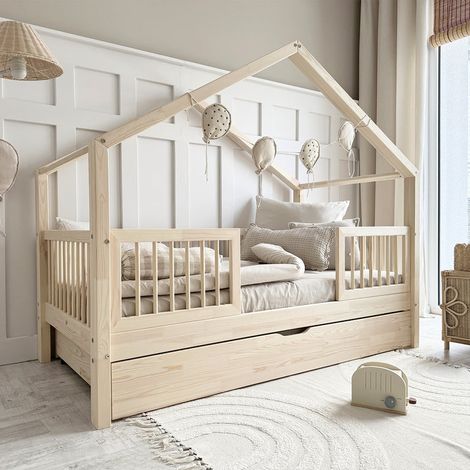 Cama cabaña 90x190 barandillas somier y cajón incluidos Rosalie Madera (1/4)