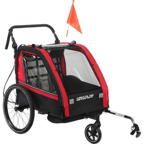 Remorque vélo enfant 2 en 1, poussette 2 places, guidon réglable, frein à main, ceinture de sécurité, rouge (1/5)