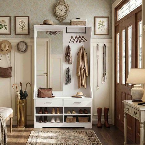 Creahappy Vestiaire d'Entrée 104x35x180 cm - Meuble Porte-Manteau avec Miroir Banc et Rangement Chaussures - Style Moderne - Blanc (1/5)