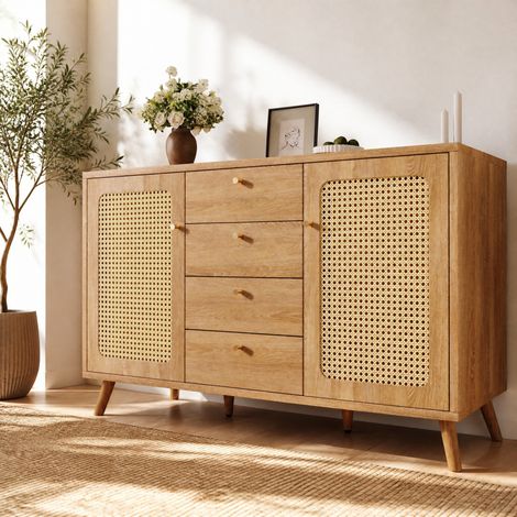 Credenza 140 x 40 x 86 cm con 4 cassetti, 2 ante, effetto rattan, rovere chiaro DESVIAE (1/5)