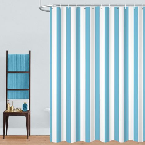 Rideau de Douche, 165x180cm, Bleu Clair et Blanc Minimalisme Moderne Rayures Verticales Tissu Pmperméable Machine Lavable Rideau de Salle de Bain avec Crochets (1/5)