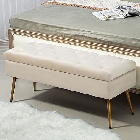 Banco baúl acolchado con tapa, efecto terciopelo, 102 x 35 x 43 cm, beige HAVRYA (1/5)