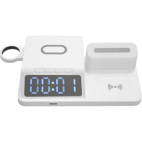 Réveil multifonctionnel avec chargeur sans fil, veilleuse et calendrier pour téléphone, montre et écouteurs (blanc) (1/5)