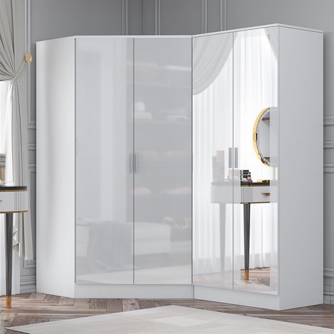 Reflect 2pc Wardrobe Bundle - 2 Door Corner + 2 Door Mirror - White Gloss & Matt White