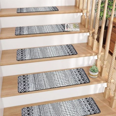 Tapis d'escalier antidérapants et amovibles 20 x 76 cm (lot de 4) - Protection optimale pour les marches d'escalier - Convient aux enfants, aux personnes âgées et aux animaux domestiques - Noir et gri (1/5)