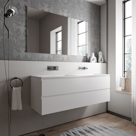 BERNSTEIN - Mobile lavabo doppio sospeso MDF bianco opaco, 2 lavabi Ghisa bianco opaco senza foro rubinetto - 160x46x50cm - AVA BRUSSELS Bianco opaco, Bianco opaco senza foro rubinetto