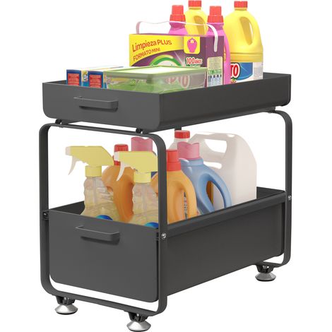 Todeco – Étagère de rangement sous évier coulissante – Organisateur 2 niveaux en acier au carbone – Capacité 20 kg – Pour cuisine et salle de bain