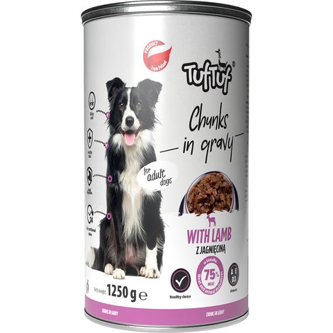 Comida húmeda para perros TufTuf, cordero, lata de 1250 g, trozos de carne. (1/2)