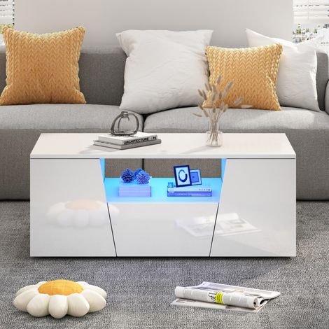 Table basse design laquée brillante blanche 100x50x40cm avec éclairage LED, 2 placards et 1 tiroir (1/5)