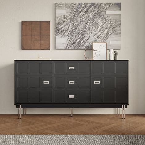 Buffet avec 2 portes et 3 tiroirs, surface en bois noir veiné et (1/5)
