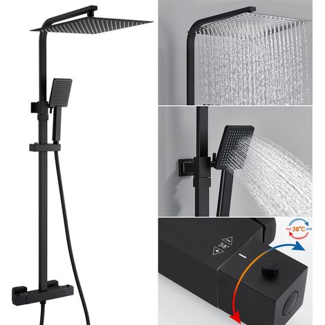 Auralum Max Schwarz Duschsystem mit Thermostat, Duscharmatur Duschset mit Regendusche, Handbrause und höhenverstellbar Duschstange