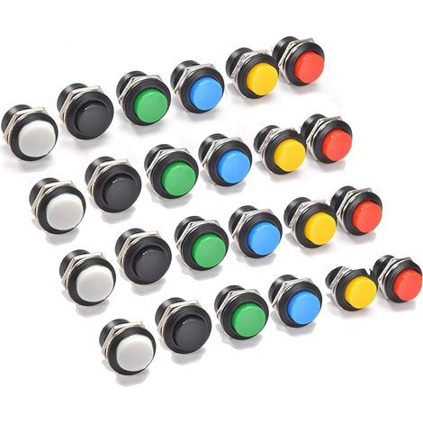 Lot de 24 interrupteurs à bouton-poussoir momentané 16 mm assortis rouge vert jaune bleu blanc noir, 6 A 125 V 2 broches à réinitialisation automatique Mini interrupteur rond (1/5)