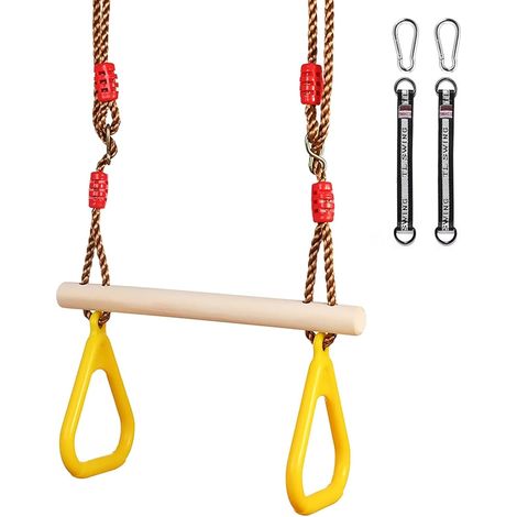 Balançoire extérieure en bois, trapézoïdale avec anneaux en plastique, anneaux de gymnastique pour se suspendre, résistante pour l'extérieur, adultes et enfants, balançoire de jardin (1/4)
