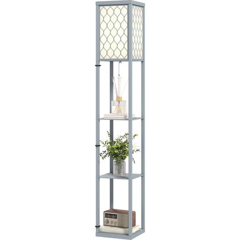 Lampadaire avec étagères 3 niveaux interrupteur tirette gris blanc 26x26x160 cm