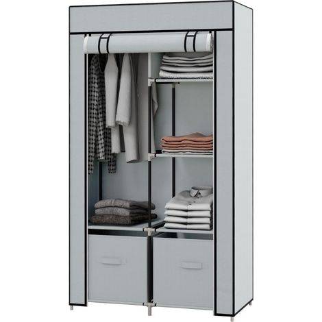 Armoire en tissu avec tringle à vêtements et 2 tiroirs 83x42,5x162,5 cm couleur grise pour rangement optimal (1/5)