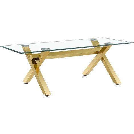 Table Basse IXE Métal Gold Plateau Verre Trempé Transparent 120x60x45cm (1/5)
