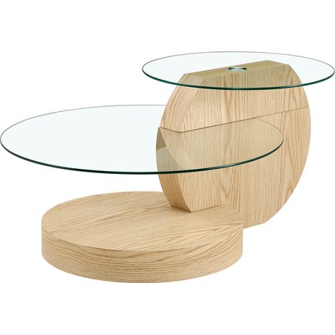 Table basse moderne minimaliste en verre de sécurité double niveau, design multicouche, structure MDF haute qualité finition bois clair, plusieurs couleurs disponibles