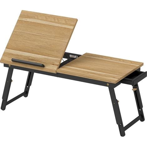 Table de lit réglable en hauteur avec tiroir, pliable, surface en mélaminé et cadre en bambou, 83,5 x 33 cm (1/5)