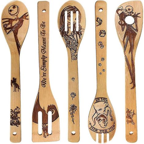 Ensemble de 5 cuillères en bambou pour la cuisine et le service - Cuillère en bois brûlé à motif magique (1/5)