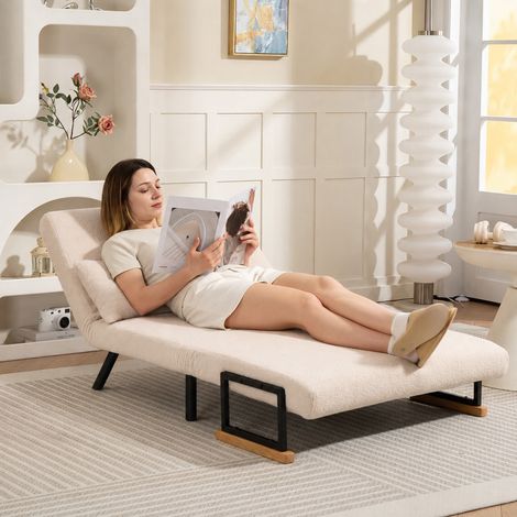 Canapé-lit 2 places en velours, fonction couchage, avec 2 coussins, aspect velours, naturel + beige + noir (1/5)