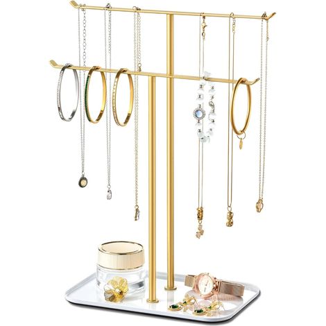Jewelry and necklace holder – 2-tier jewelry tree with tray for necklaces, bracelets, earrings, rings, vanity, sink or countertop, gold