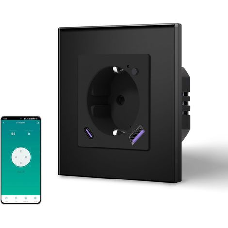 Prise Wi-Fi 20 W USB C Charge rapide Prise intelligente encastrée en verre avec mesure du courant, fonctionne avec Alexa/Google Home, contrôle de l'application Smart Life, 1 compartiment, noir (1/5)
