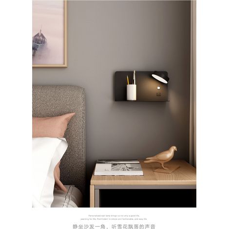 Applique murale d'intérieur LED 1 pièce avec interrupteur et interface USB, applique murale de chevet tricolore 12 W à intensité variable, avec lampe de lecture de plateau, lampe de chevet, noir-32199