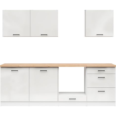 Cuisine complète 240 cm,Ensemble de meuble de cuisine coloris Blanc / Craie , plan de travail coloris Chêne doré (1/5)