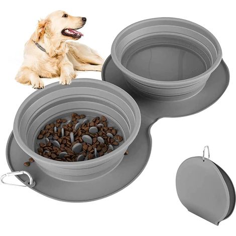Faltbarer Hundenapf, Reisenapf für Katzen und Hunde, Silikon-Hundenapf mit Karabinerhaken zur Vermeidung von Überfressen, geeignet für Hunde, Katzen und Welpen auf Wanderungen im Freien (grau).