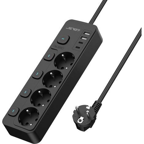 1 Bloc Multiprises, 4 Prises, 2 USB A, 2 USB C, Interrupteurs Individuels, Câble 2m, Bureau Maison