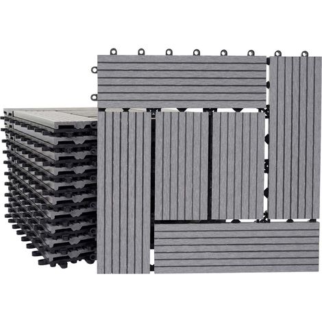 Baldosas de suelo WPC para balcón o terraza aspecto madera 11 piezas 30x30cm 1m² diseño escalonado en teca gris 040005436 (1/5)