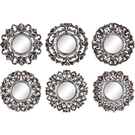 Ensemble de 6 Miroirs muraux en bois brun patiné argent (1/5)