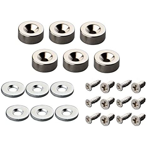 Magneti al neodimio, forza di tenuta 3 kg, 12 x 5 mm, con foro e cappuccio, magnete a pentola svasato con vite e 6 cuscinetti in acciaio, magneti potenti per porte, garage, tende, cucina (1/5)