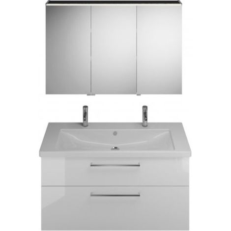 Burgbad Eqio Badmöbel-Set, mit Keramikwaschtisch mit zwei Armaturen + Unterschrank und Spiegelschran Frassino Dekor Cappuccino/Alpinweiss links, links, rechts